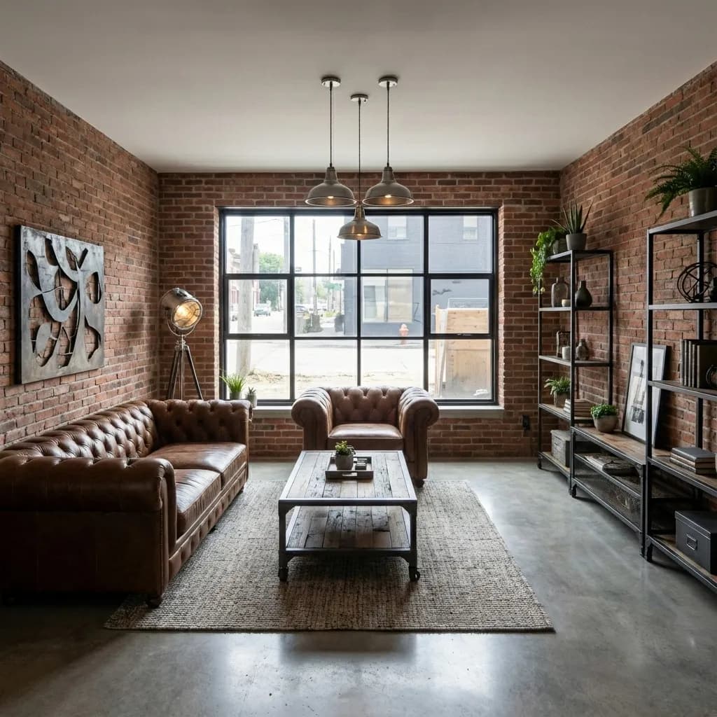 Same room rendered in industrial style — exposed brick, steel shelving and a leather sofa