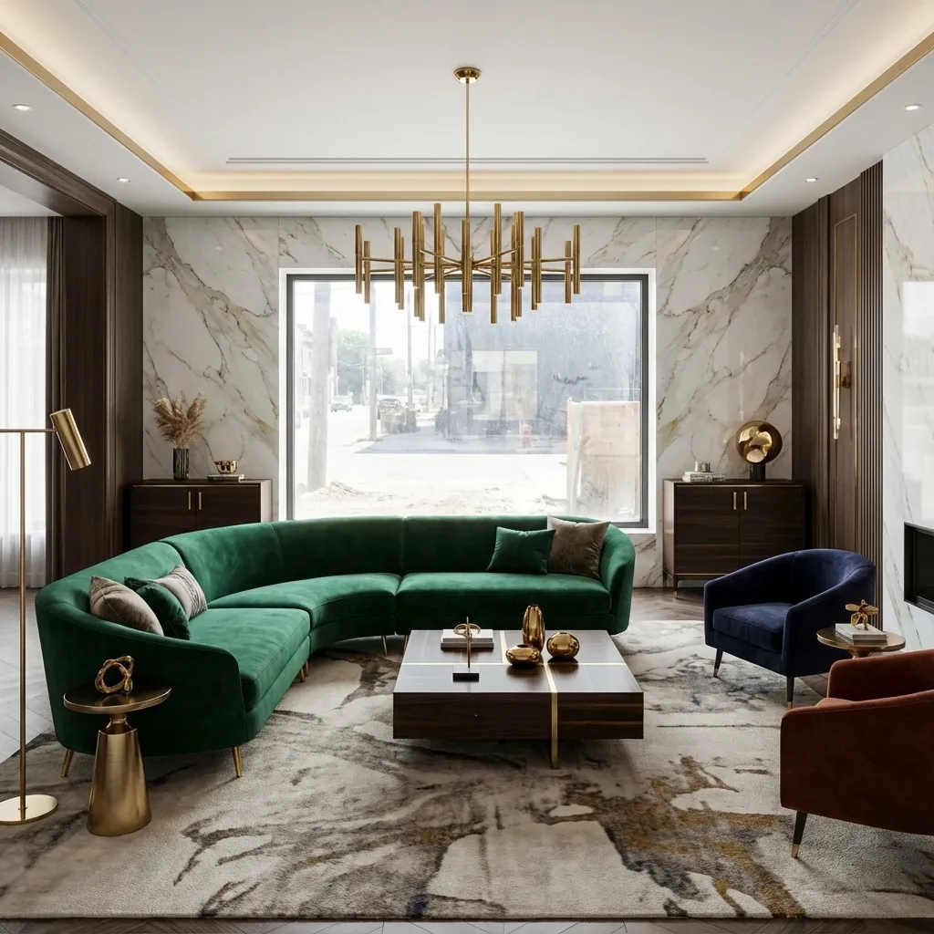 Same room rendered in luxury style — high-end finishes and statement lighting
