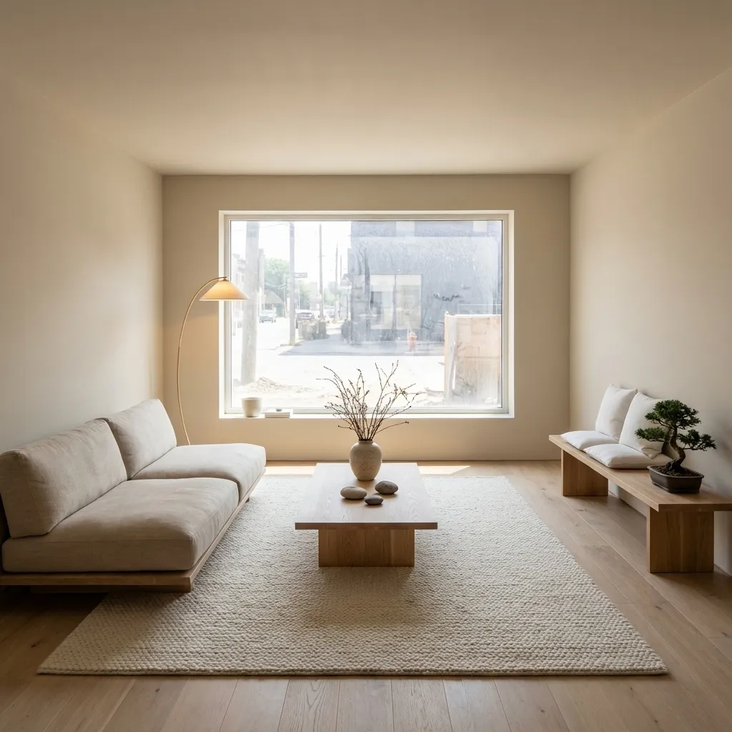 The same room redesigned in minimalist style — same walls and window, new floor, light and furniture