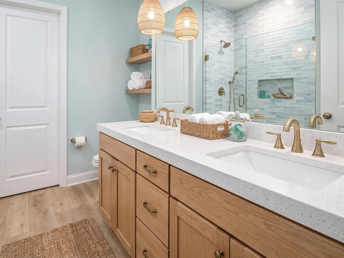 Coastal Bathroom — AI redesign preview rendered with Gemini 3 Pro Image, the model behind Compozit's redesigns