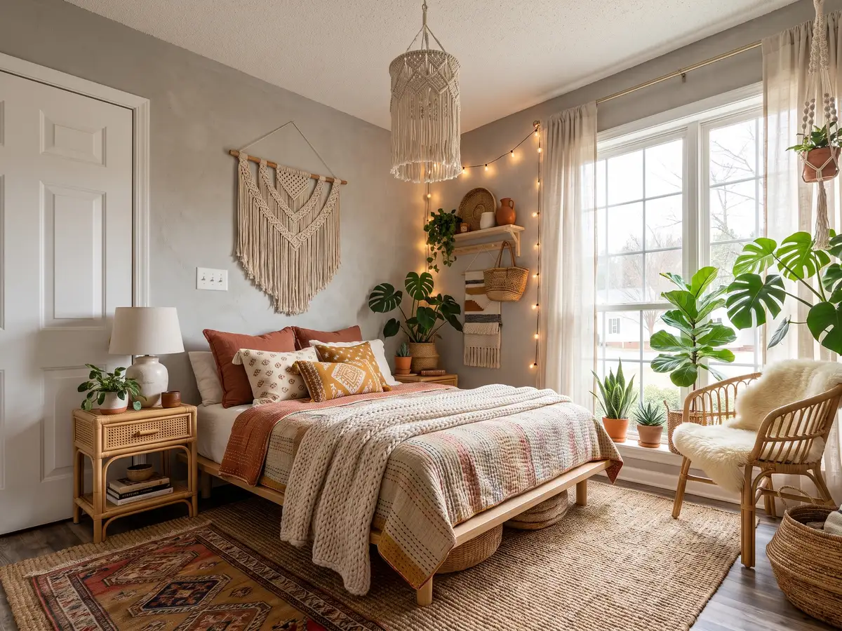 Boho Bedroom — AI redesign preview rendered with Gemini 3 Pro Image, the model behind Compozit's redesigns