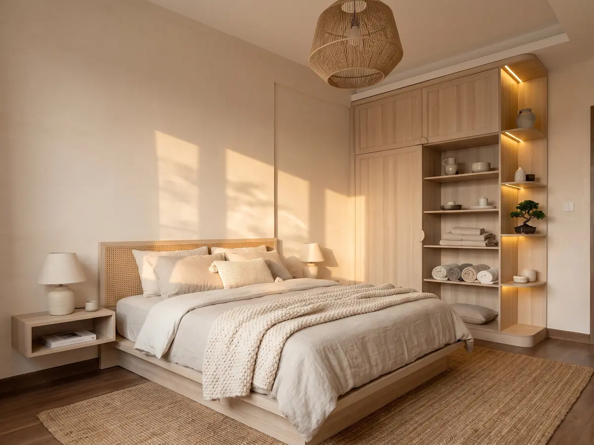 Japandi Bedroom — AI redesign preview rendered with Gemini 3 Pro Image, the model behind Compozit's redesigns