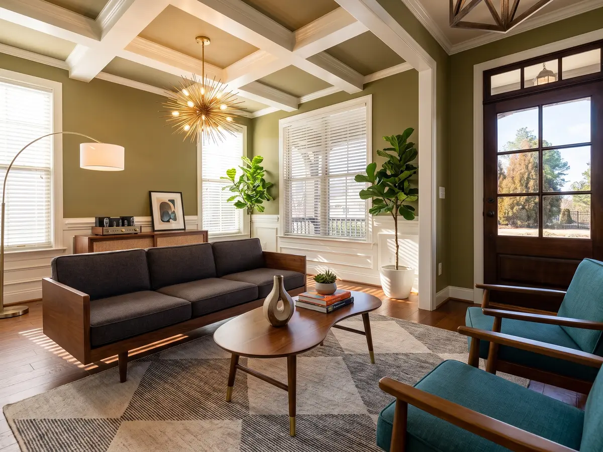 Mid Century Modern Living Room — AI redesign preview rendered with Gemini 3 Pro Image, the model behind Compozit's redesigns
