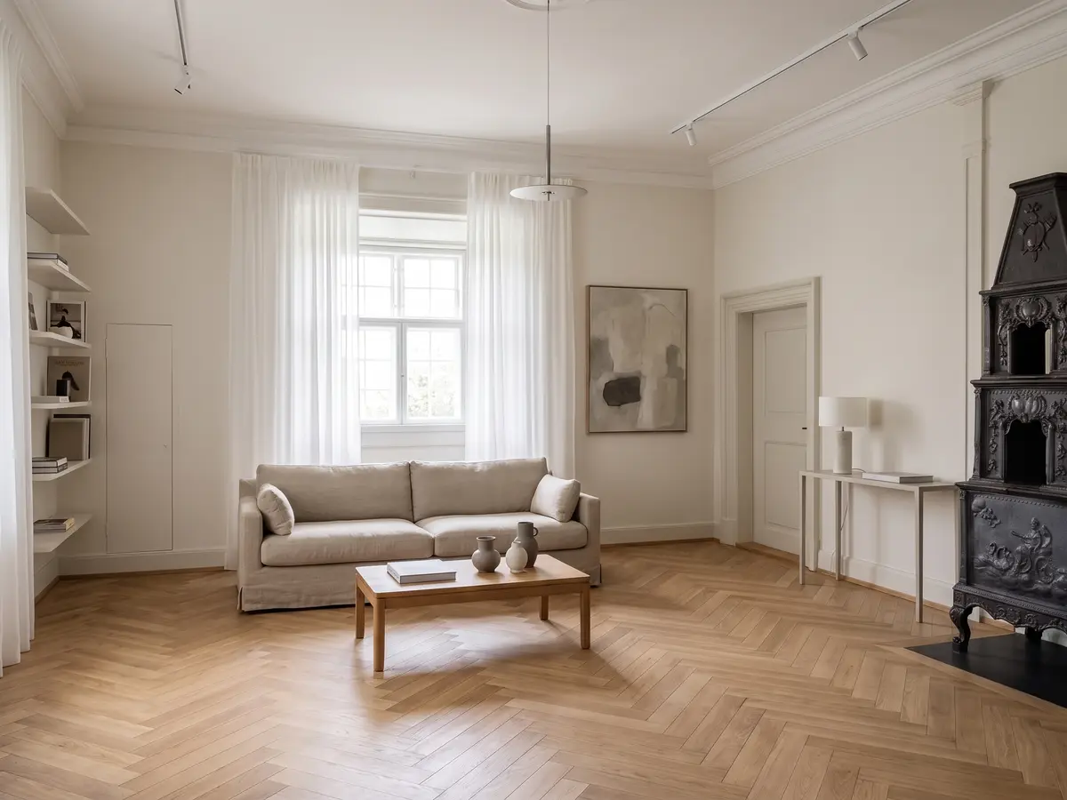Minimalist Living Room — AI redesign preview rendered with Gemini 3 Pro Image, the model behind Compozit's redesigns